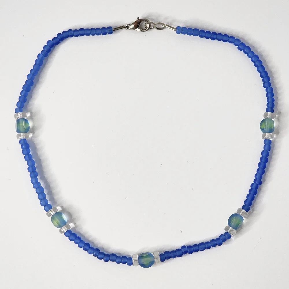 Blue Glass Beaded Choker Necklace